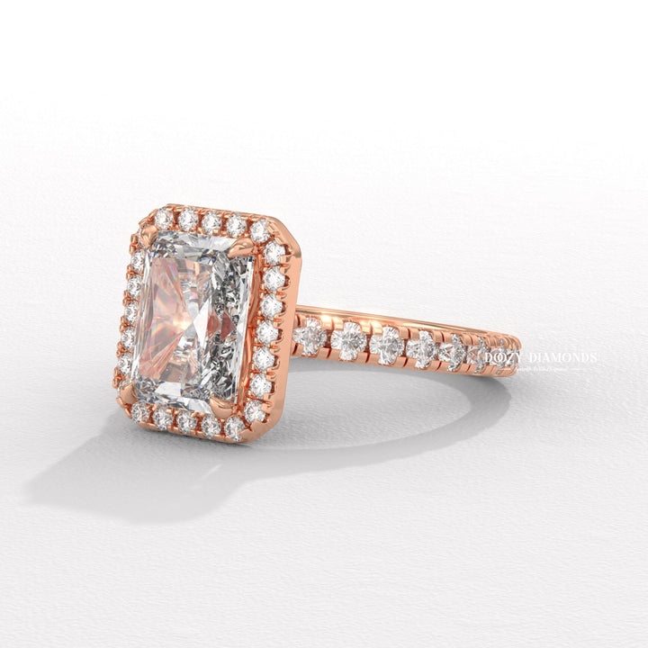 Unboxing view of radiant cut halo diamond engagement ring