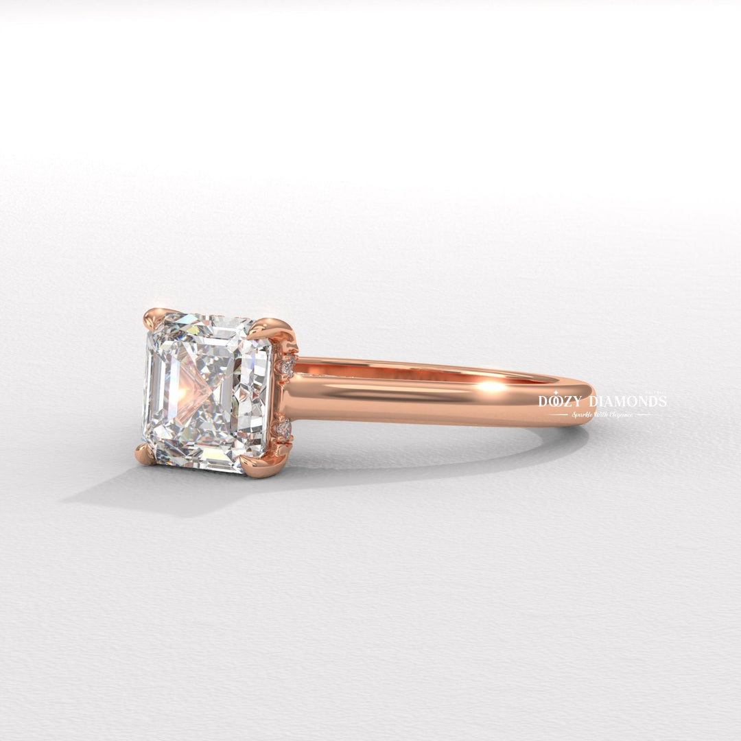 Asscher hidden halo engagement ring finished in polished solid gold