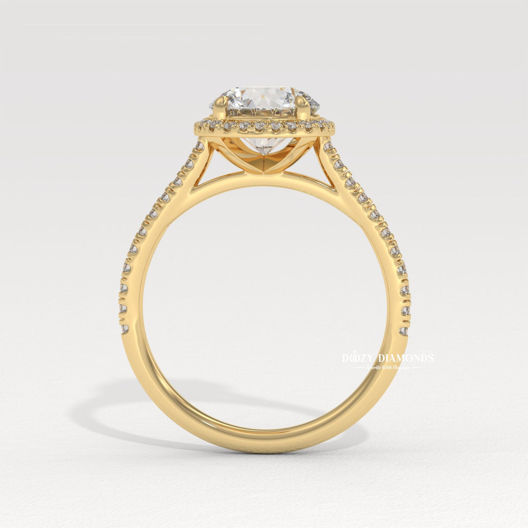 Macro shot of round cut diamond facets in halo ring setting