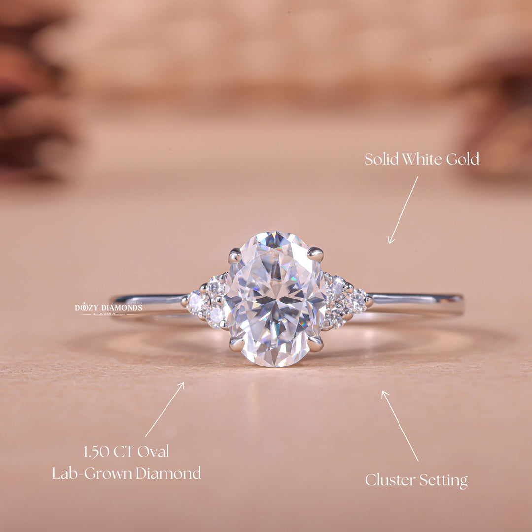 Certified oval cut diamond featured in cluster engagement ring