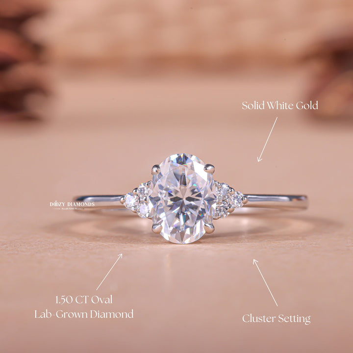 Certified oval cut diamond featured in cluster engagement ring