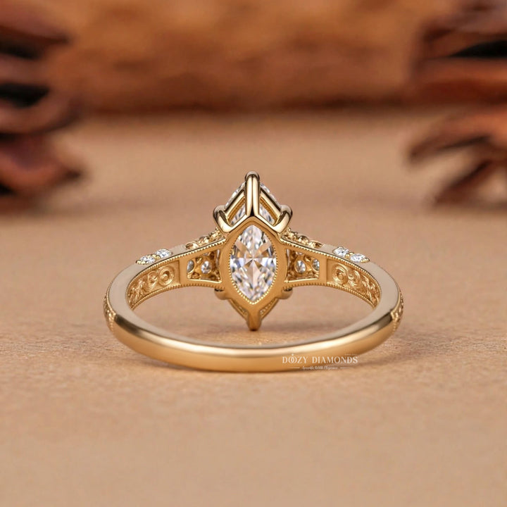 2.0CT Marquise E/VS2 Lab Grown Diamoind Engagement Ring, Engraved Gold Shoulder Accents