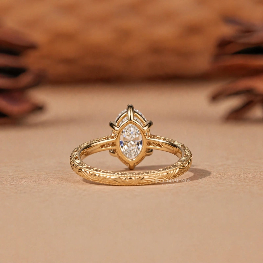 2.50CT Oval F/VVS2 Lab Grown Solitaire Engagement Ring, Six Prong Engraved Gold Band