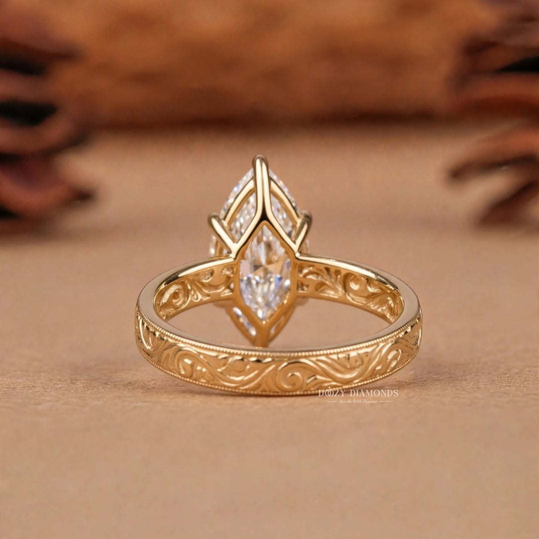 2.0CT Marquise F/VVS1 Lab Grown Ring, Hand Engraved Scroll Gold Band