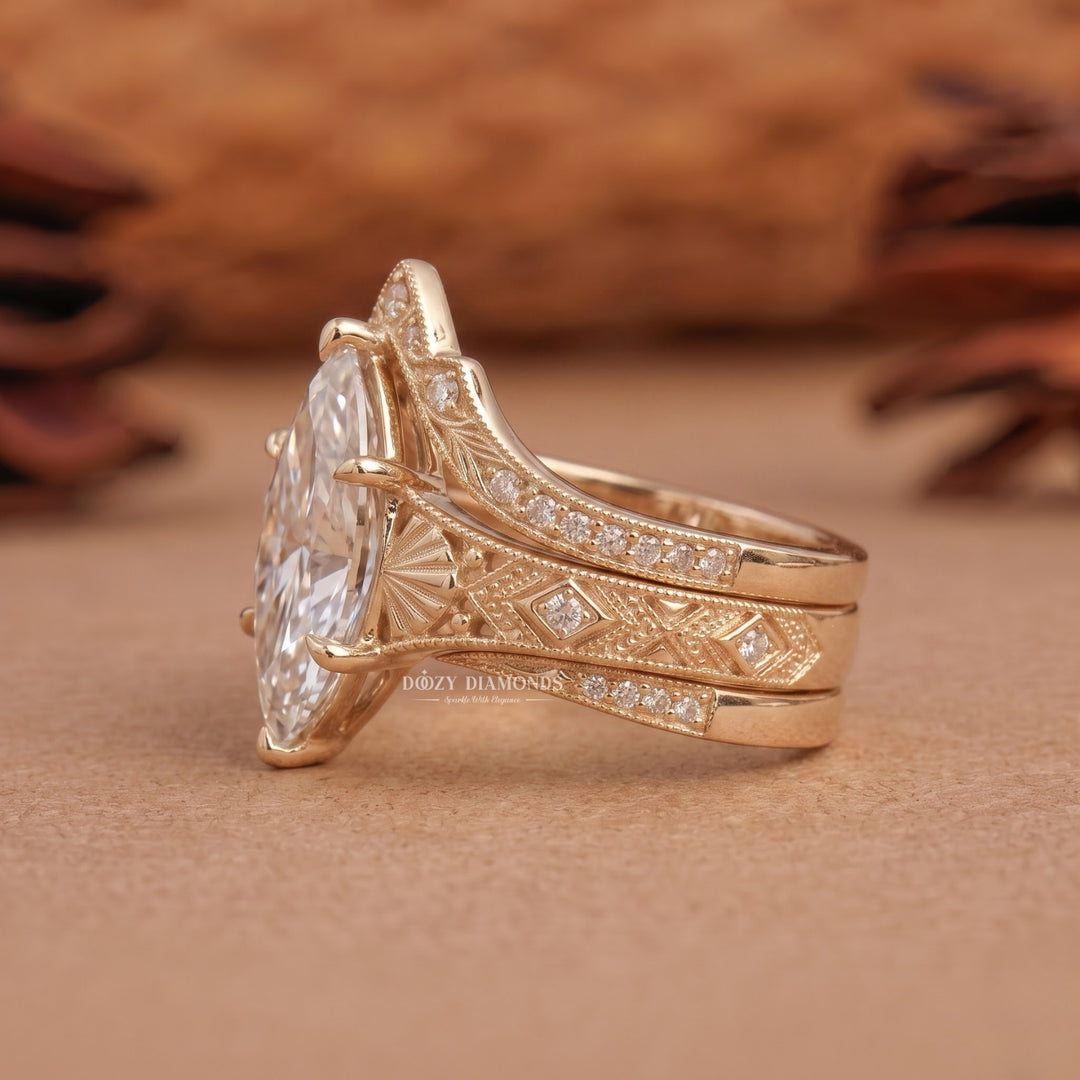 2.50CT Marquise E/VS1 Vintage Style Lab Grown Bridal Ring Set, Fanned Gold Band
