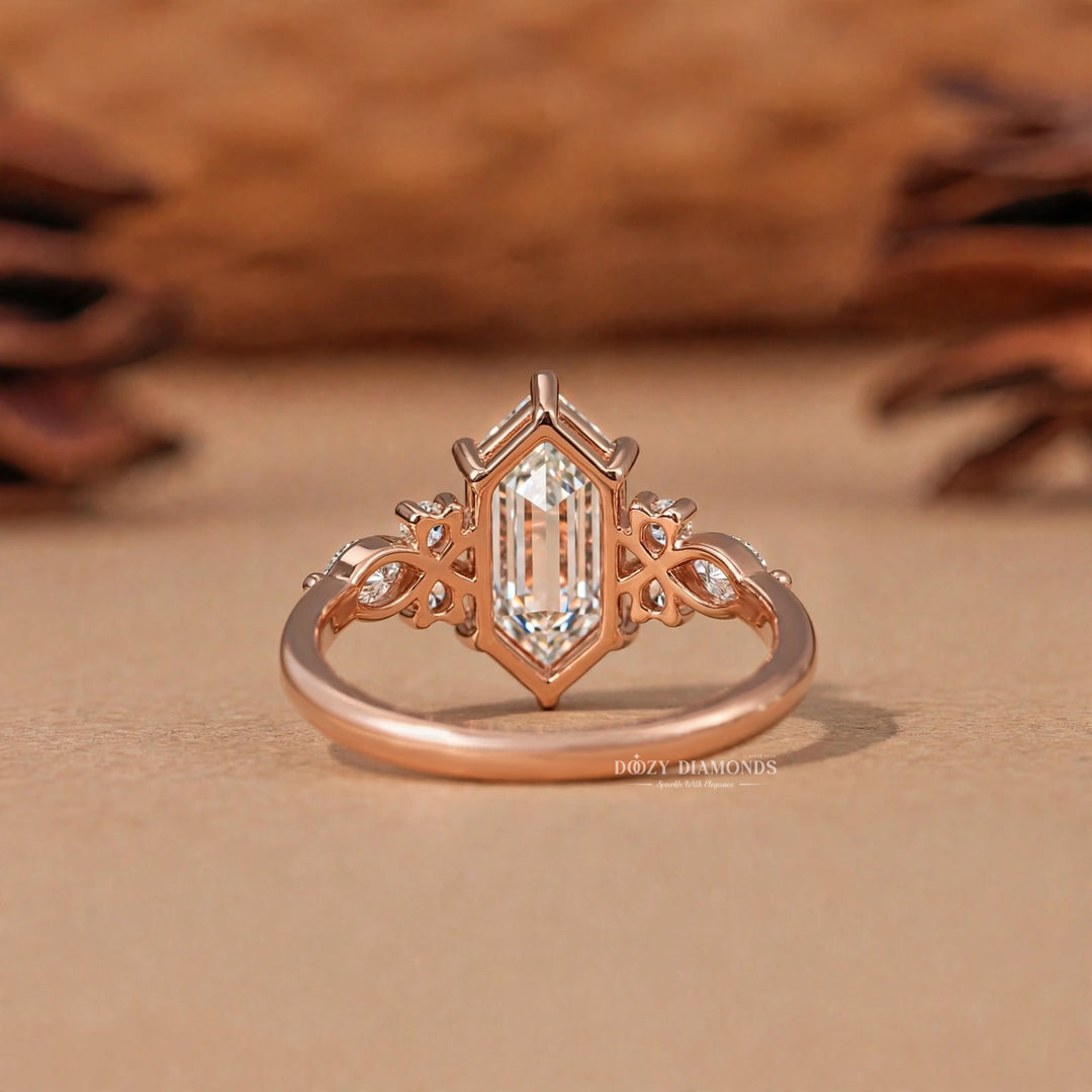 2.50CT Hexagon Shield F/VVS1 Lab Grown Diamond Engagement Ring, Cluster Rose Gold