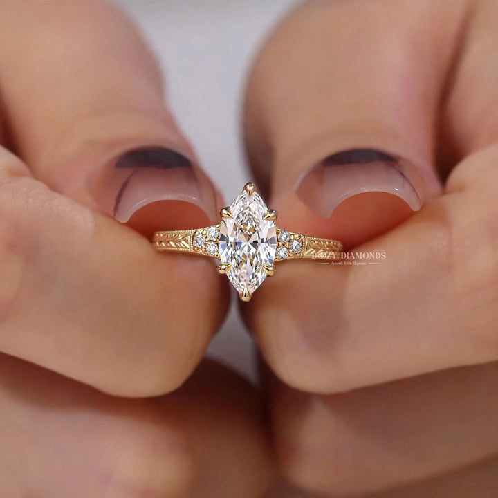 2.0CT Marquise E/VS2 Lab Grown Diamoind Engagement Ring, Engraved Gold Shoulder Accents