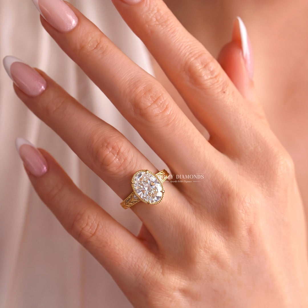 2.50CT Ova Vintage Nature Inspired E/VS1 Gold Engagement Ring with Leaf Detailing