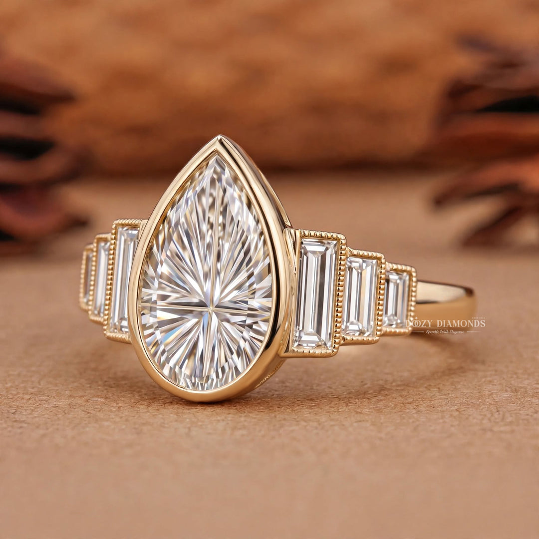 2.0CT Pear Cut F/VS1 Kaleidoscope Seven Stone Lab Grown Diamond Engagement Ring