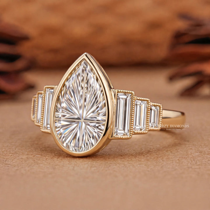 2.0CT Pear Cut F/VS1 Kaleidoscope Seven Stone Lab Grown Diamond Engagement Ring