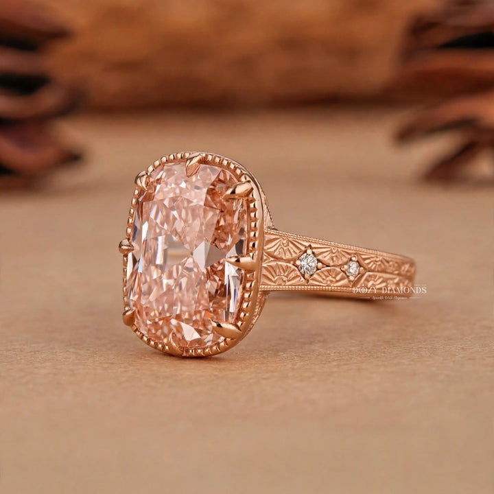 3.0CT Oldmine Elongated Cushion Pink Engraved Style Vintage Engagement Rings