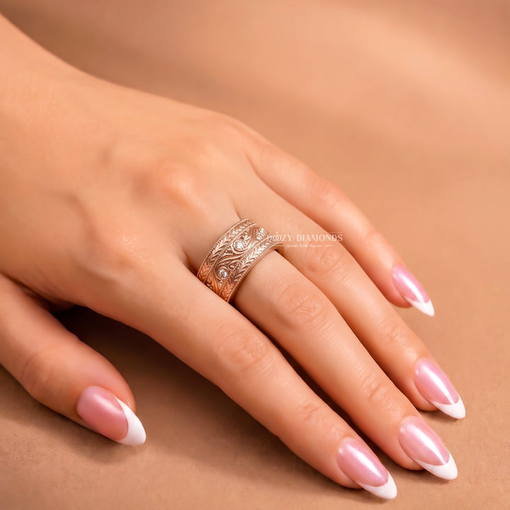 Vintage Scroll Wedding Band with Lab Grown Stones, Rose Gold