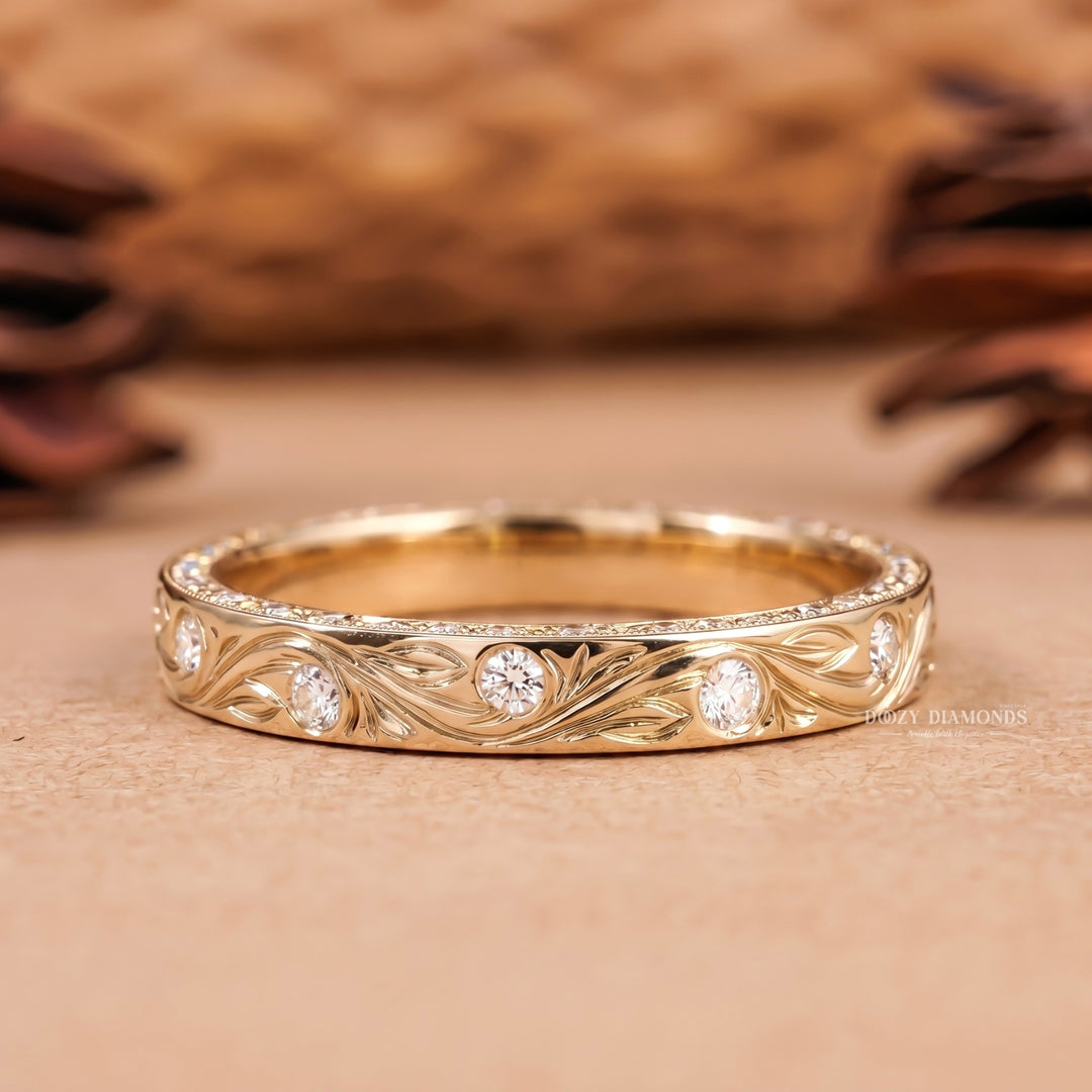 Engraved Vine Wedding Band with Lab Grown Stones, Gold