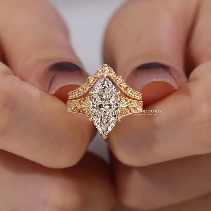 2.50CT Marquise F/VVS2 Lab Grown Diamond Chevron Bridal Ring Set