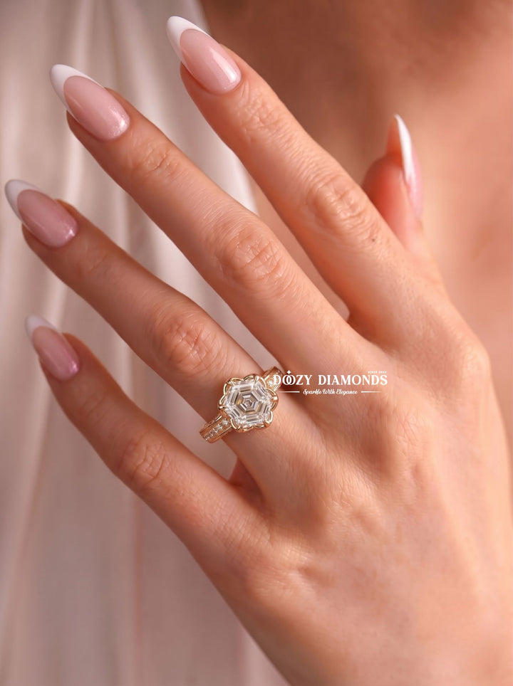 2.0CT Hexagonal E/VVS1 Lab Grown Diamond Floral Halo Engagement Ring - lab grown diamond engagement ring view 7