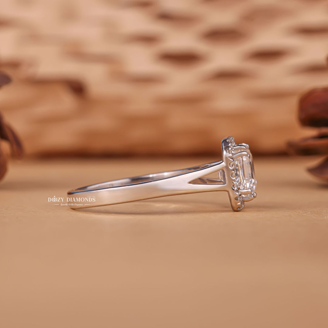 Detailed close-up of asscher halo diamond engagement ring