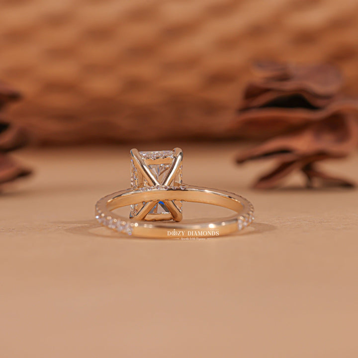Radiant hidden halo engagement ring close-up showing high clarity diamond clarity