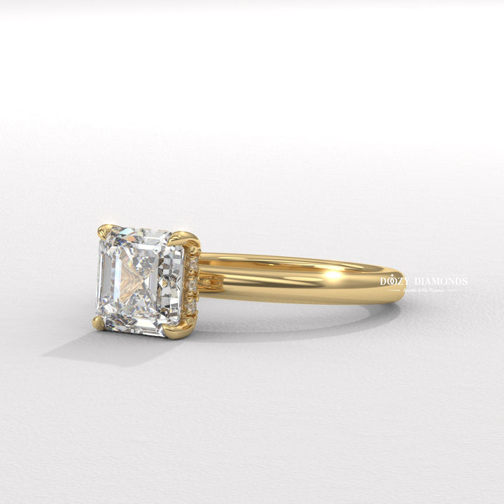 Asscher solitaire engagement ring close-up highlighting diamond sparkle