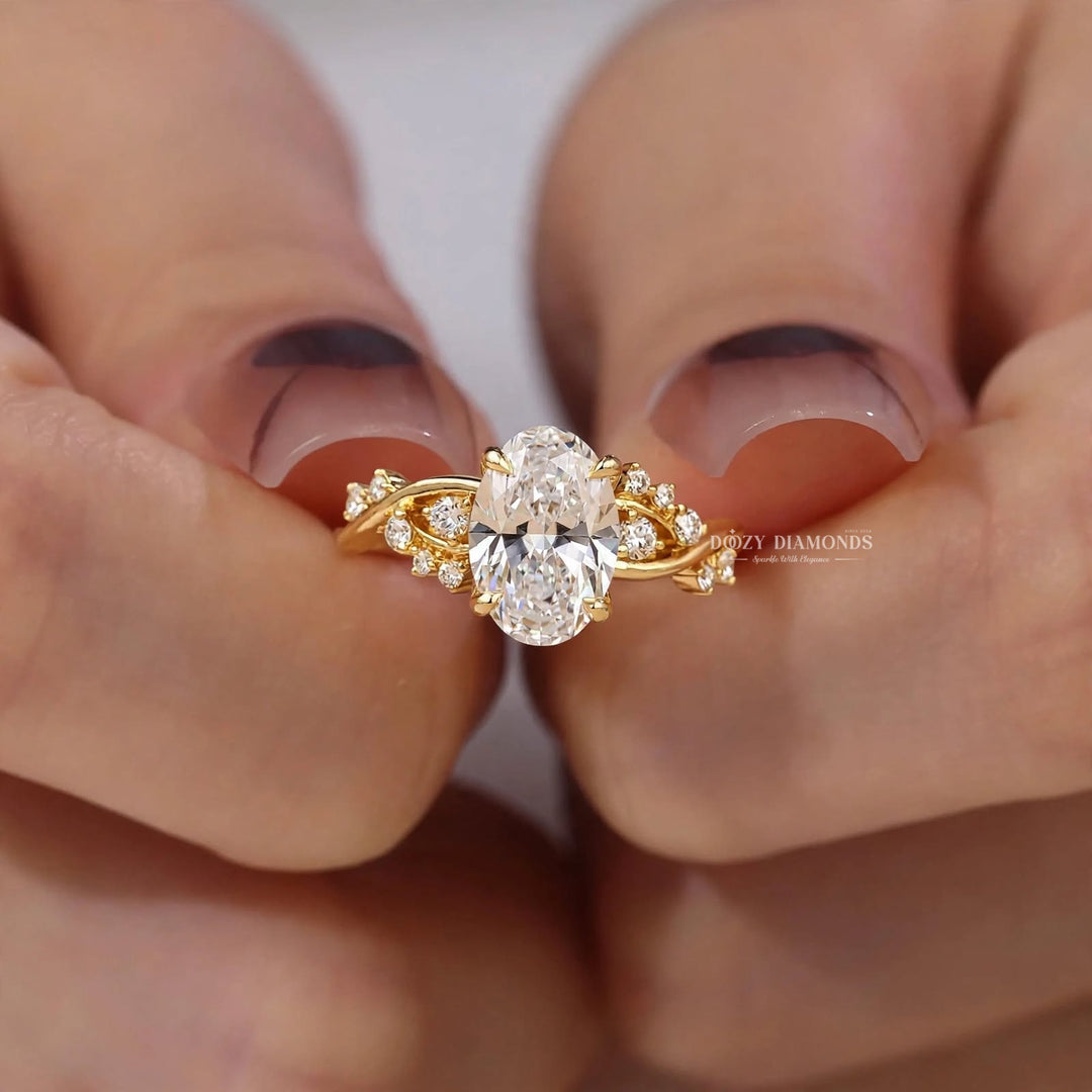 2.50CT Oval F/VVS2 Cluster Diamond Lab Grown Ring, Twisted Vine Band with Accents