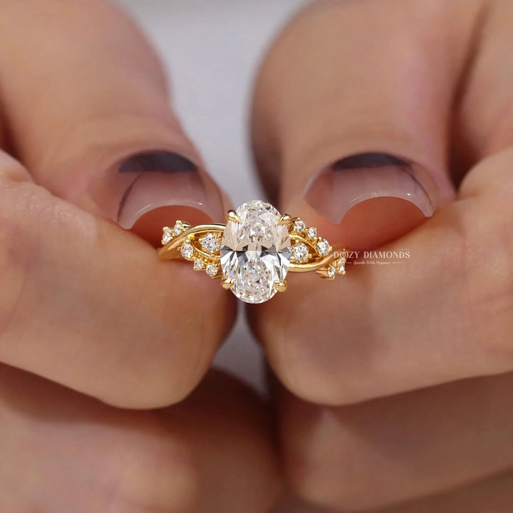2.50CT Oval F/VVS2 Cluster Diamond Lab Grown Ring, Twisted Vine Band with Accents