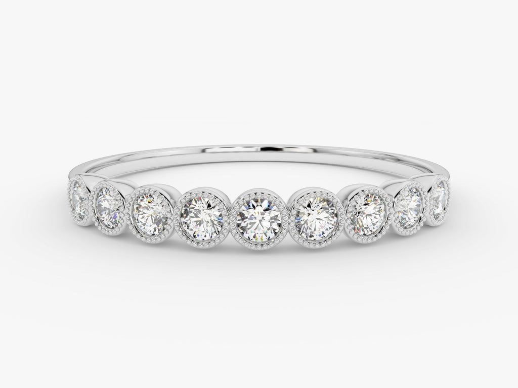 Round diamond band stacked with engagement ring