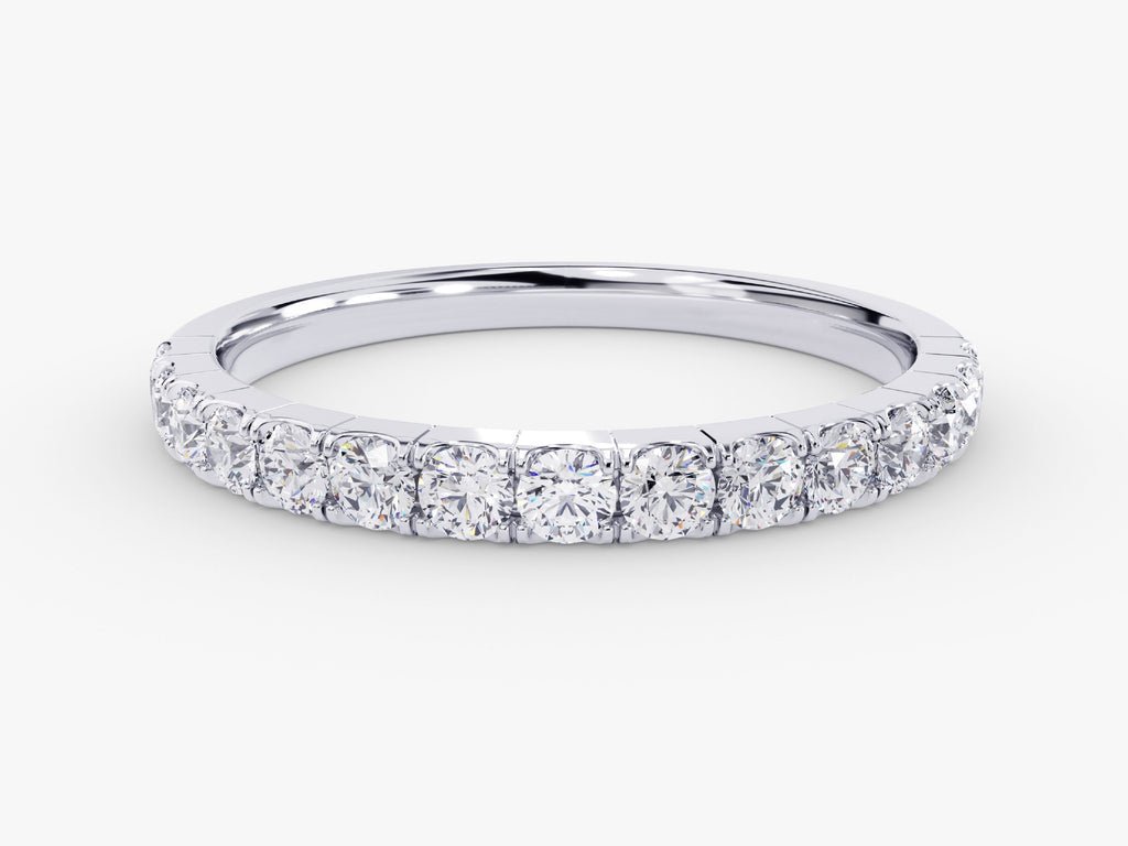 Round diamond band stacked with engagement ring