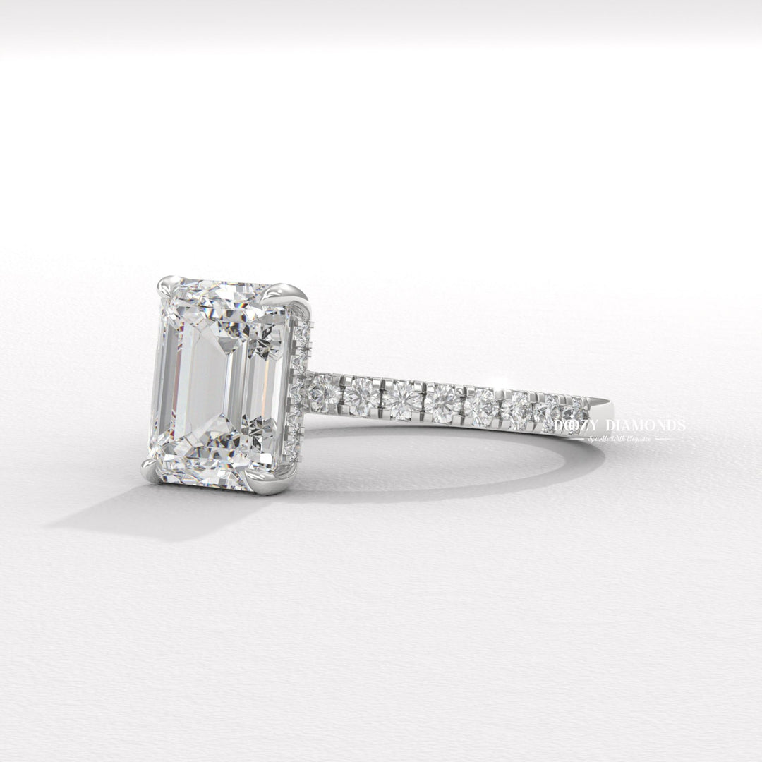 Emerald pave engagement ring with certified lab grown diamond