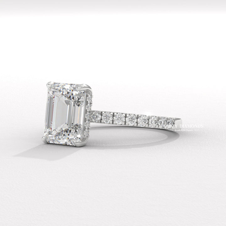 Emerald pave engagement ring with certified lab grown diamond