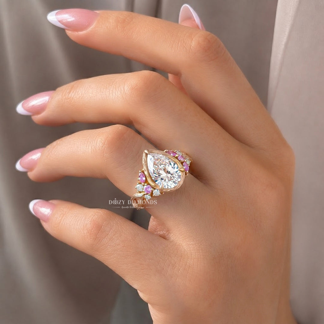 2.0CT Pear Lab Grown Diamond Pink Sapphire Accents Nature Inspired Engagement Rings