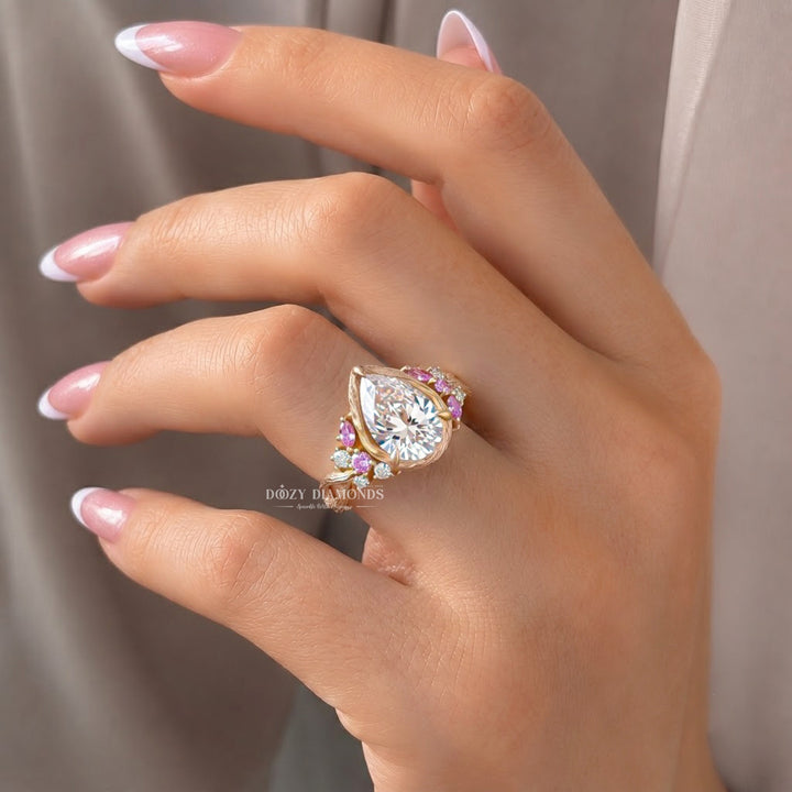 2.0CT Pear Lab Grown Diamond Pink Sapphire Accents Nature Inspired Engagement Rings