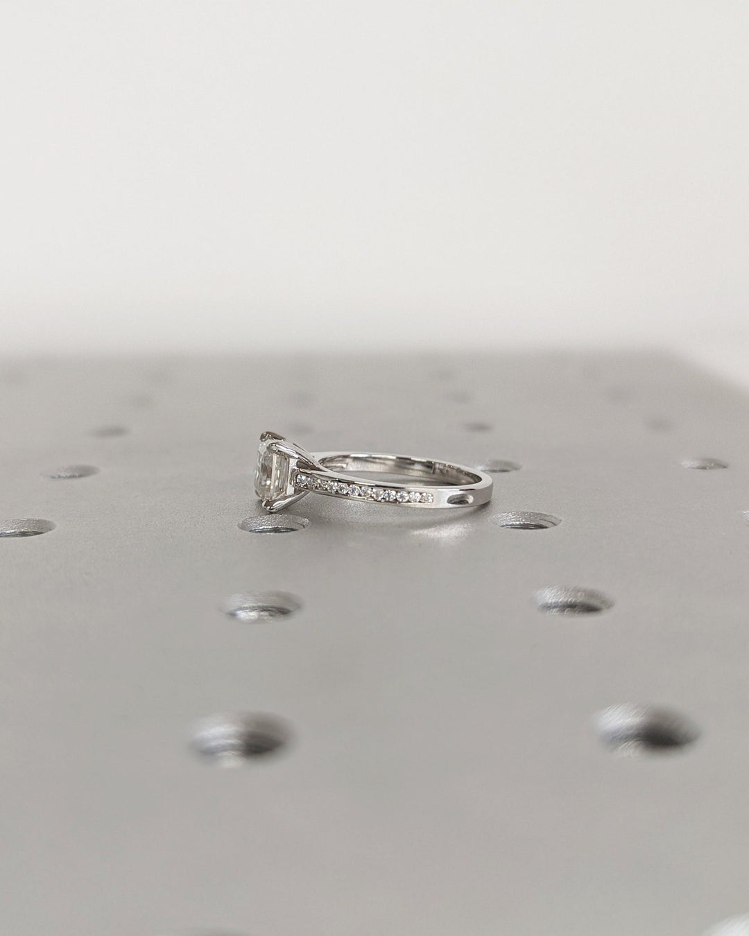 Asscher cut engagement ring side view showing band detail