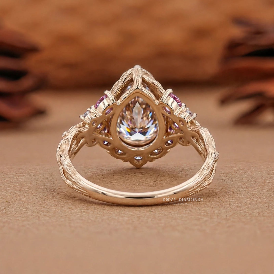 2.0CT Pear Lab Grown Diamond Pink Sapphire Accents Nature Inspired Engagement Rings