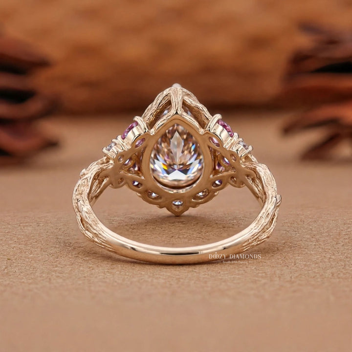 2.0CT Pear Lab Grown Diamond Pink Sapphire Accents Nature Inspired Engagement Rings