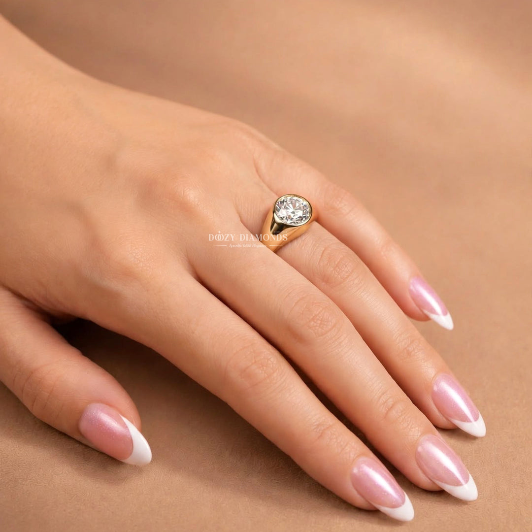 2.0CT Round Rose Cut Style Lab Grown Diamond Bezel Set Signet Ring in Rose Gold