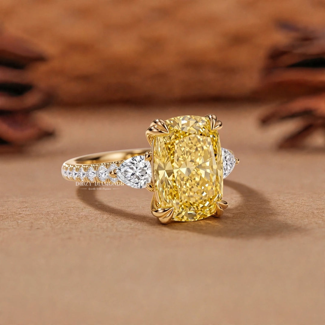 2.50CT Canary Yellow Cushion Lab Grown Diamond Three Stone Engagement