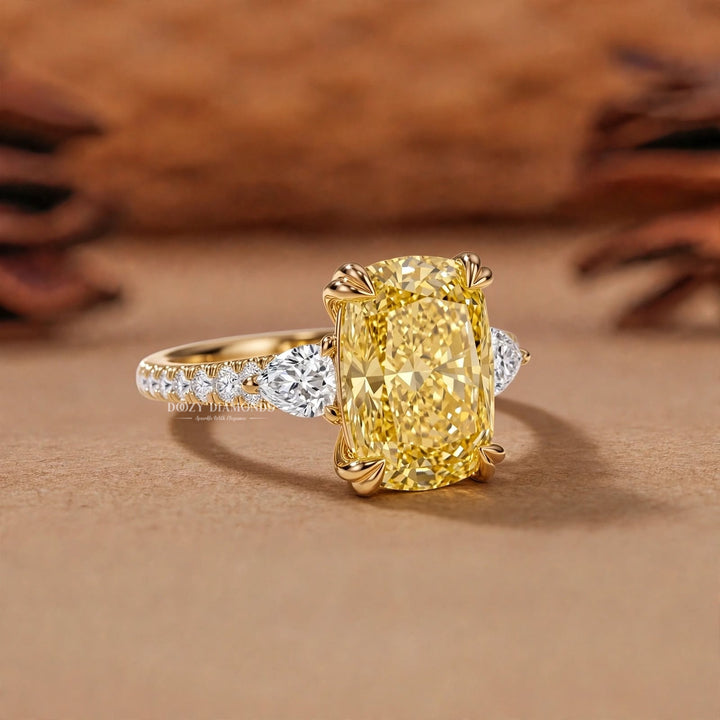 2.50CT Canary Yellow Cushion Lab Grown Diamond Three Stone Engagement