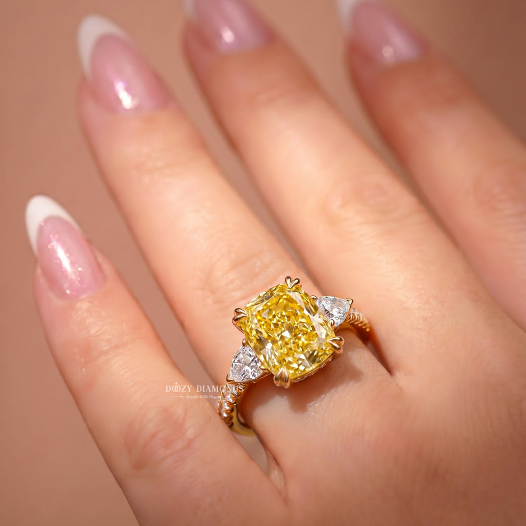 2.50CT Canary Yellow Cushion Lab Grown Diamond Three Stone Engagement