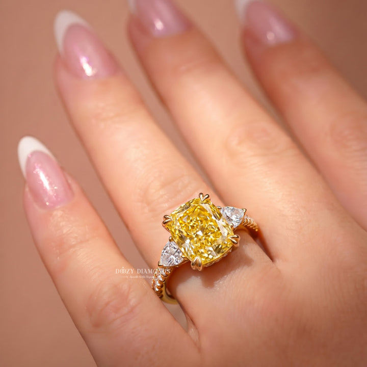2.50CT Canary Yellow Cushion Lab Grown Diamond Three Stone Engagement