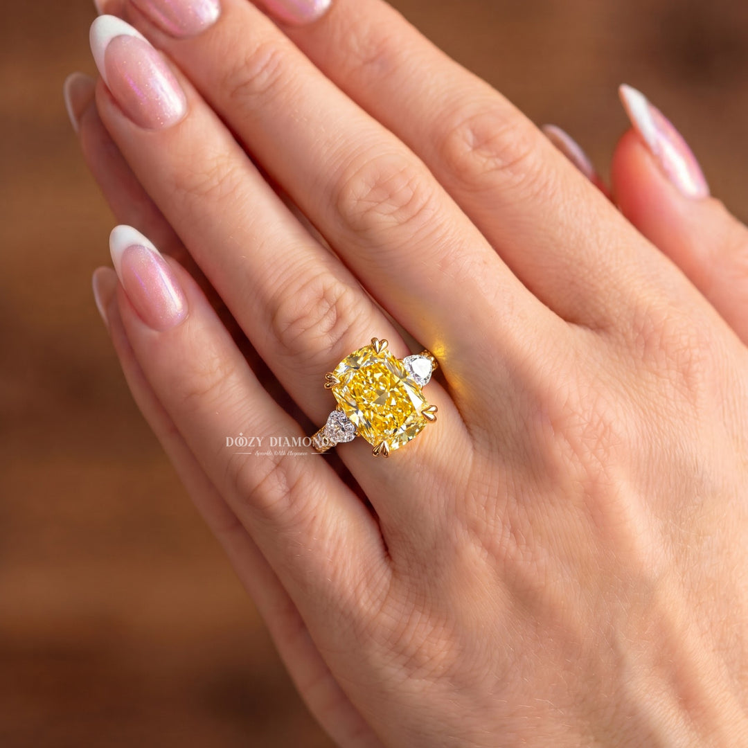 2.50CT Canary Yellow Cushion Lab Grown Diamond Three Stone Engagement