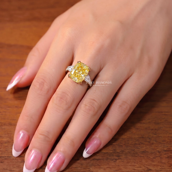 2.50CT Canary Yellow Cushion Lab Grown Diamond Three Stone Engagement