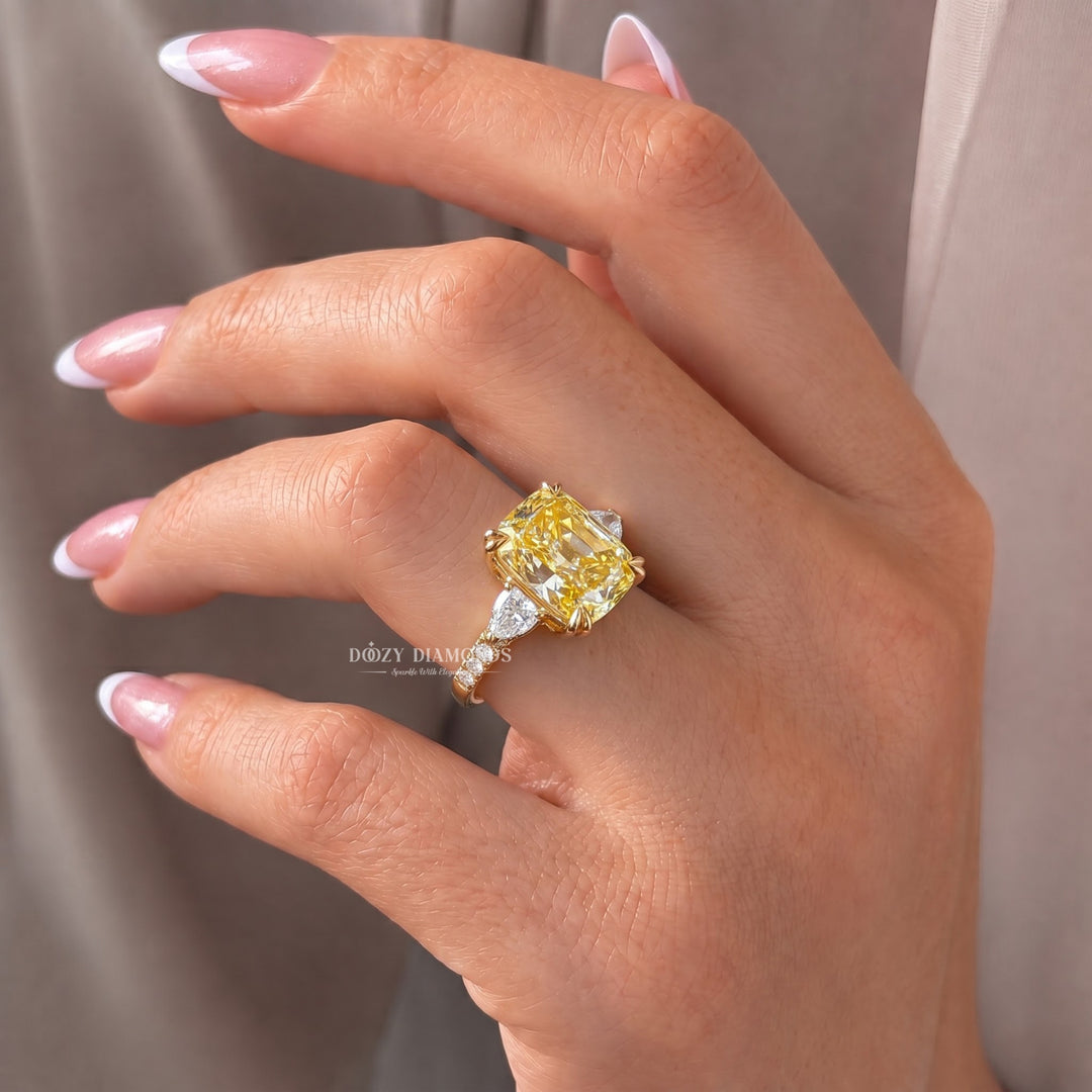2.50CT Canary Yellow Cushion Lab Grown Diamond Three Stone Engagement