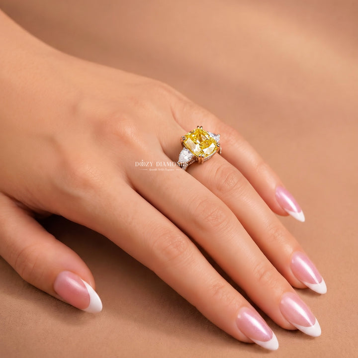 2.50CT Canary Yellow Cushion Lab Grown Diamond Three Stone Engagement