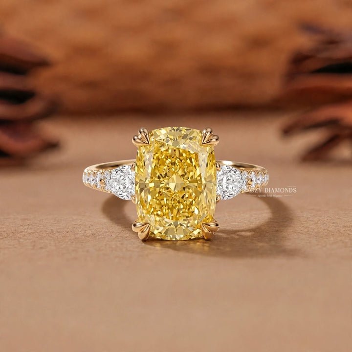 2.50CT Canary Yellow Cushion Lab Grown Diamond Three Stone Engagement
