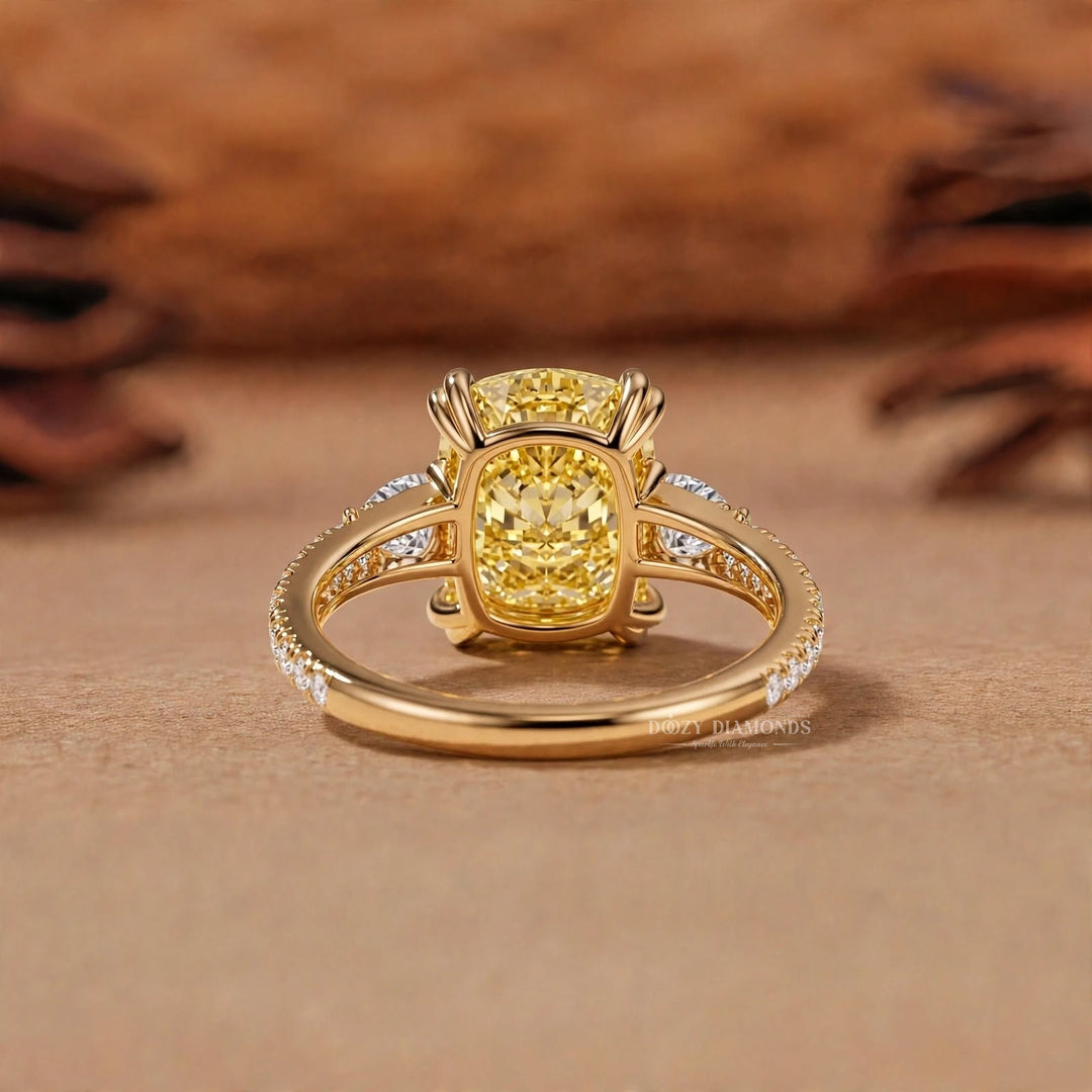 2.50CT Canary Yellow Cushion Lab Grown Diamond Three Stone Engagement