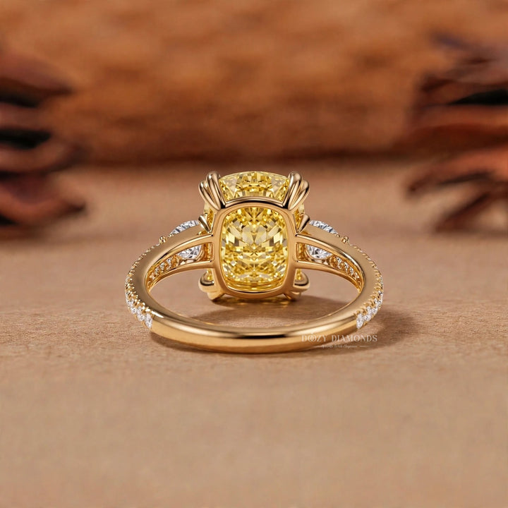 2.50CT Canary Yellow Cushion Lab Grown Diamond Three Stone Engagement