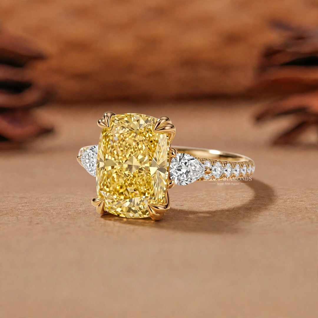 2.50CT Canary Yellow Cushion Lab Grown Diamond Three Stone Engagement