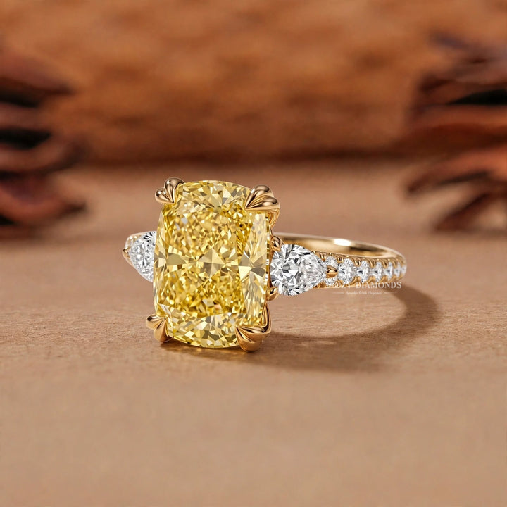 2.50CT Canary Yellow Cushion Lab Grown Diamond Three Stone Engagement