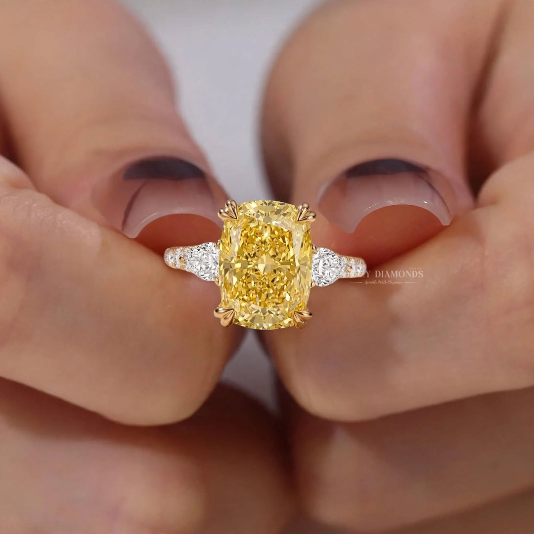 2.50CT Canary Yellow Cushion Lab Grown Diamond Three Stone Engagement