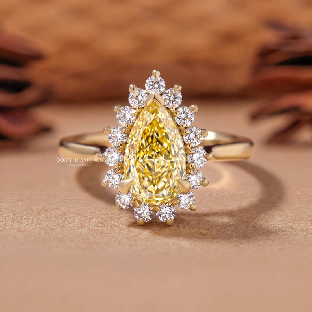 1.50CT Pear Yellow Lab Grown Diamond Halo Engagement Ring For Women
