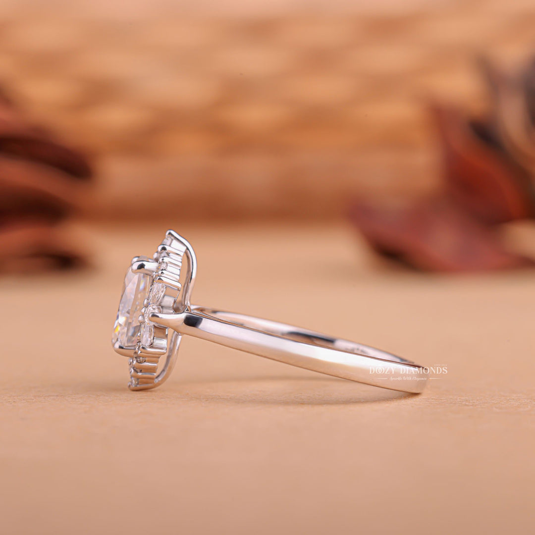 Oval cluster lab grown diamond ring side profile in gold setting
